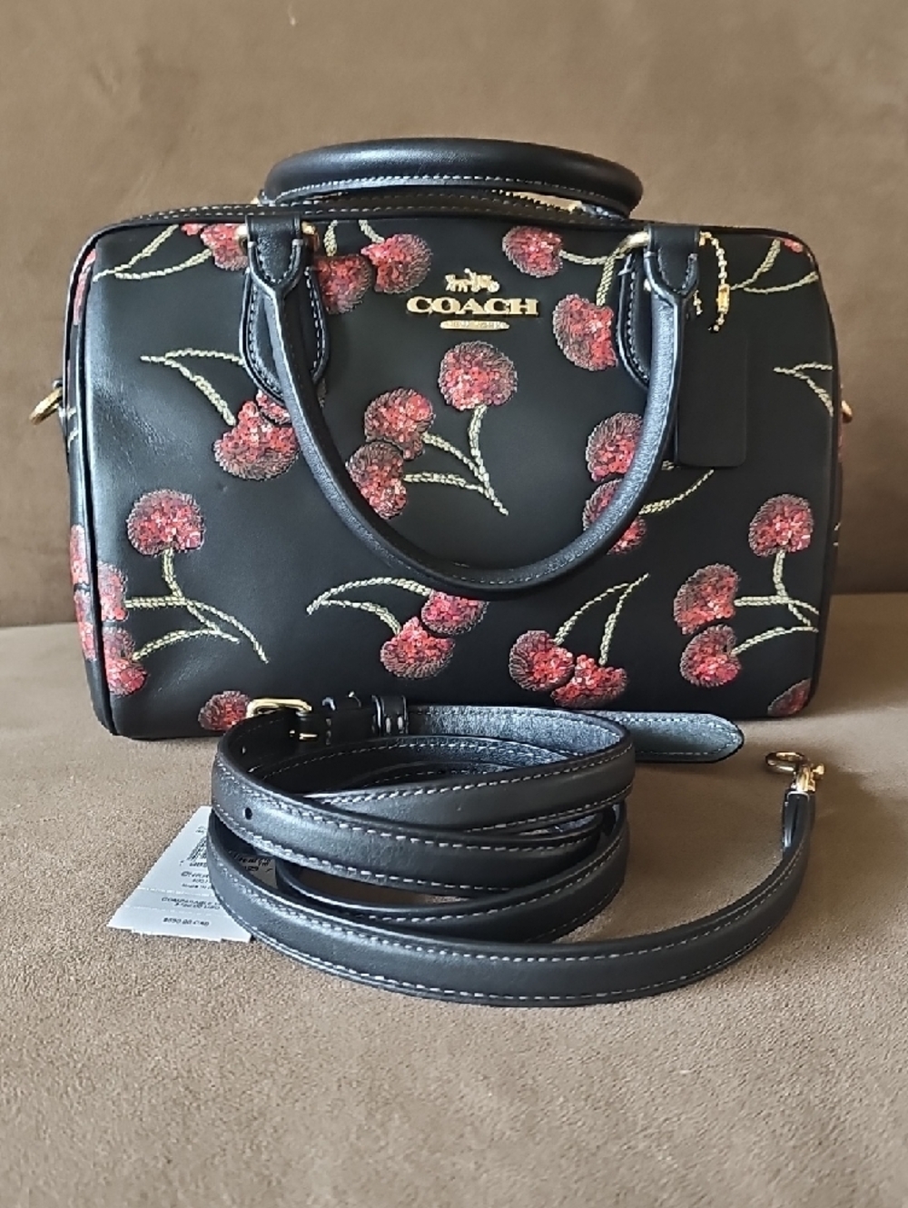 Coach Black Leather Satchel with Pink Cherry Embroidery - Picture 4 of 6